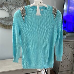 Cato Blue Crew Neck Sweater with Long Sleeves and Decorative Embellishments